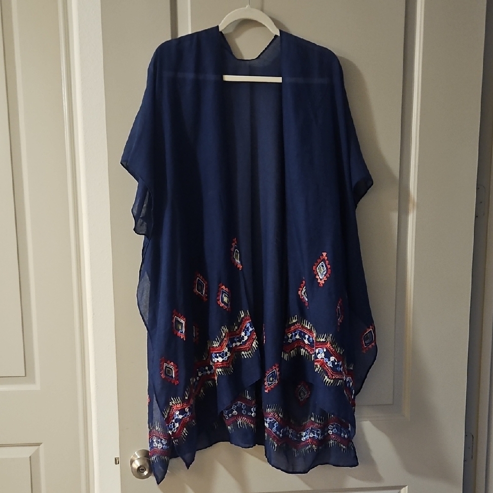 Navy Blue Kimono with Embroidered Pattern